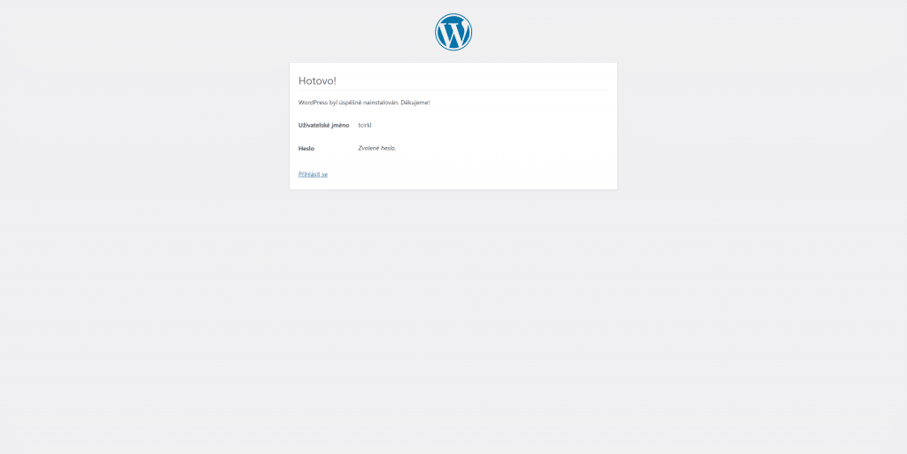 Dokončená instalace WordPress