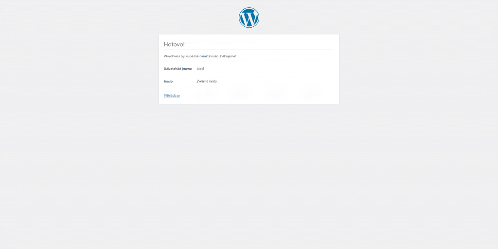 Instalace WordPress - Dokončená instalace 