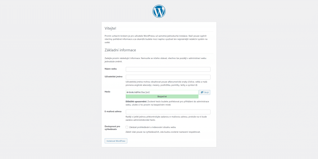 Instalace WordPress - Vytvoření základních informací