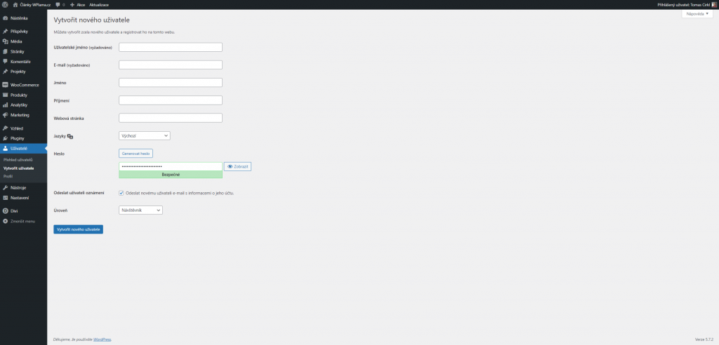 WordPress ruční vytvoření uživatele