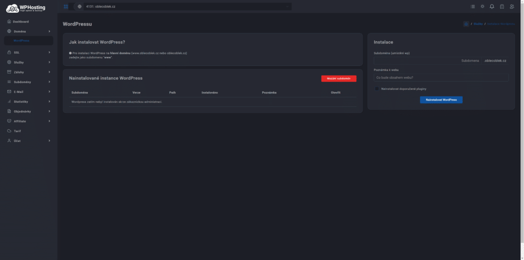 WP Hosting instalace WP