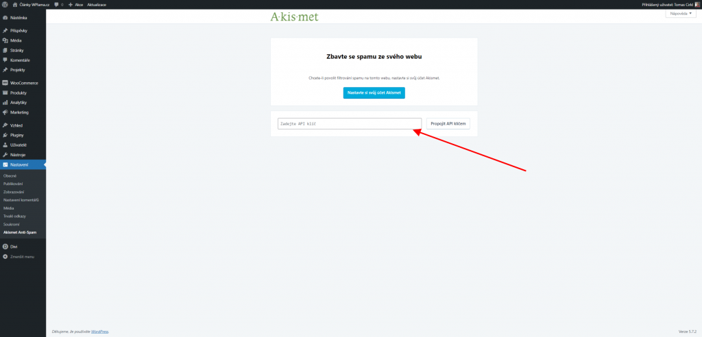 Akismet - Vložení licenčního klíče