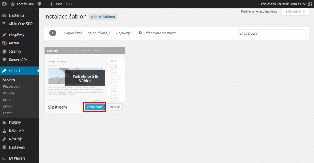 Instalace šablony Slipstream