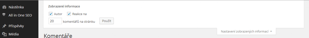 Zobrazení nastavených informací u komentářů