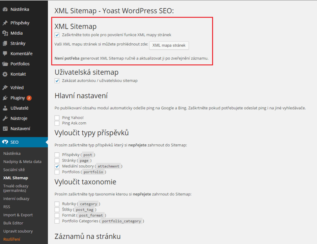 Aktivace XML sitemap u WordPress SEO by Yoast