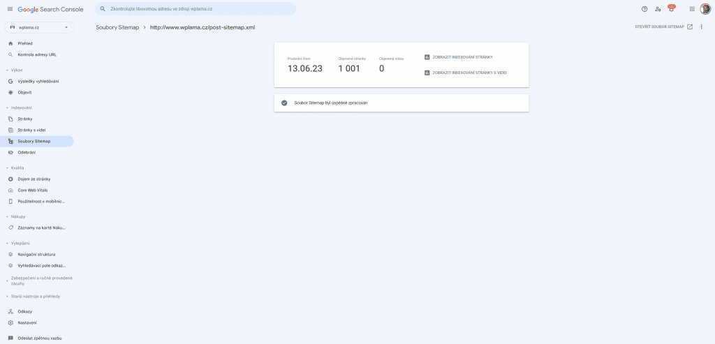 Informace o indexaci sitemapy v Google Search Console