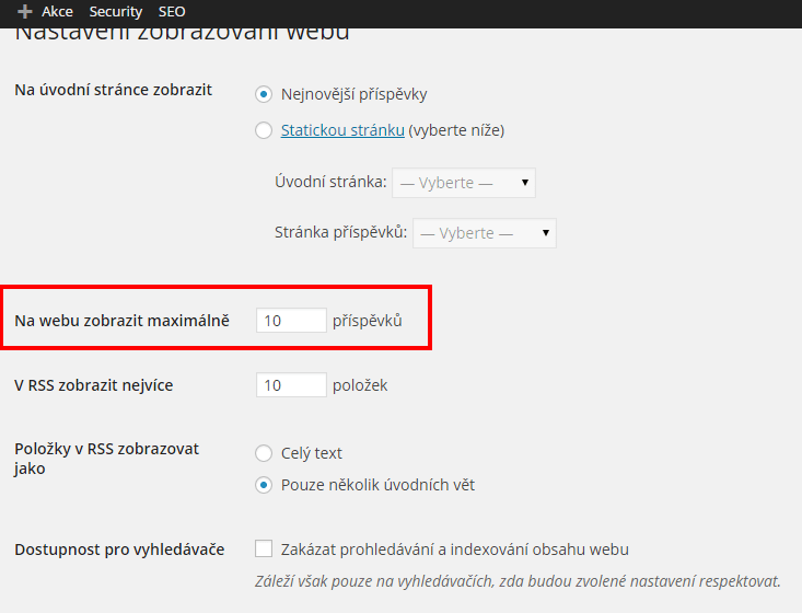 Nastavení zobrazování webu