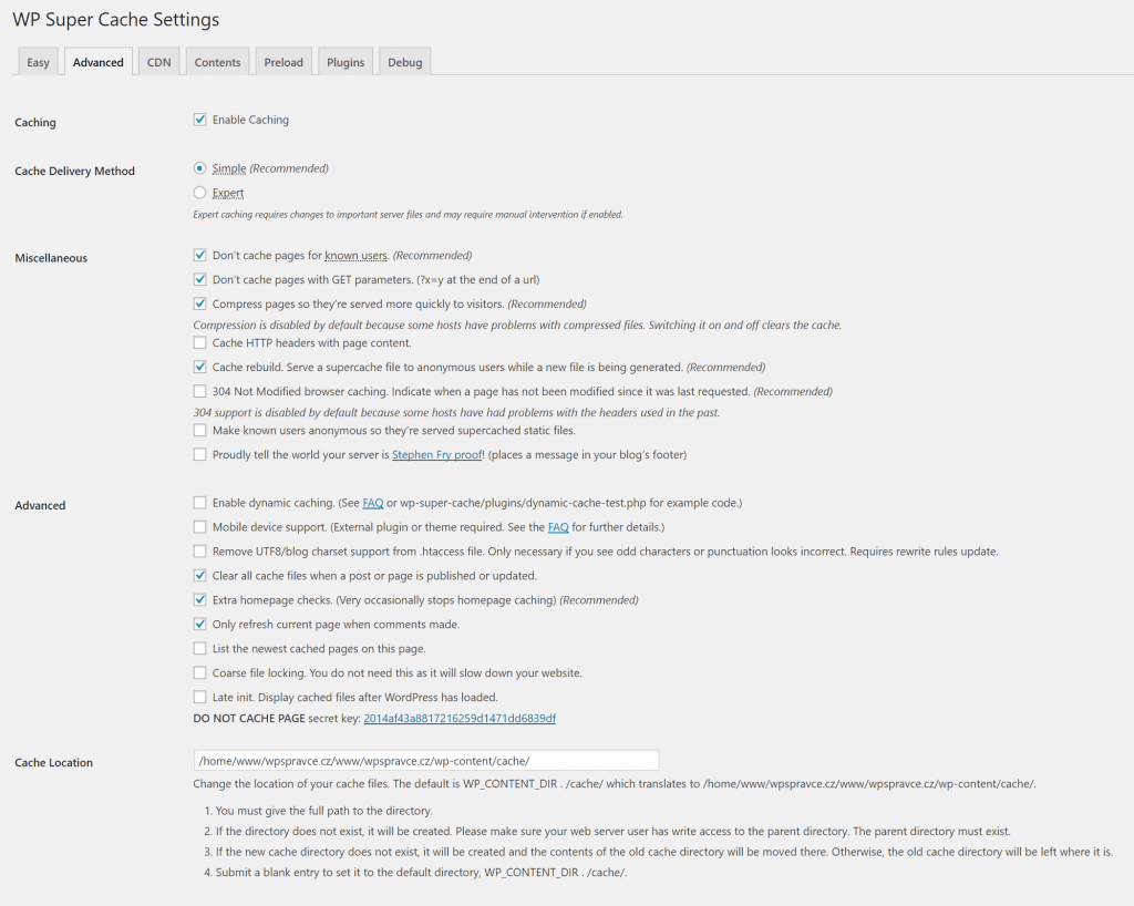 Vzorové nastavení WP Super Cache