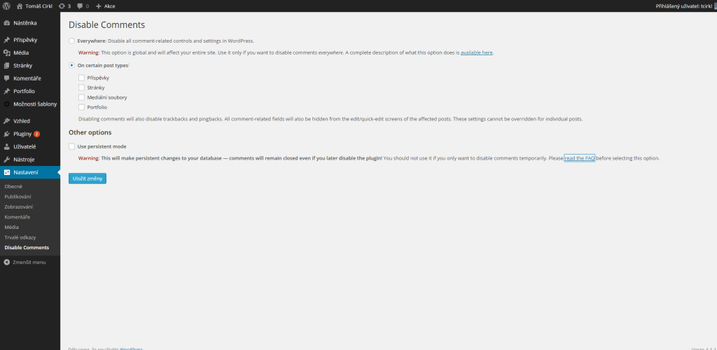 Disable Comments nastavení
