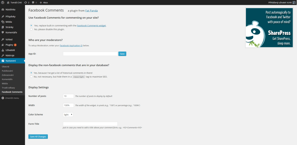 Nastavení Facebook Comments by Fat Panda