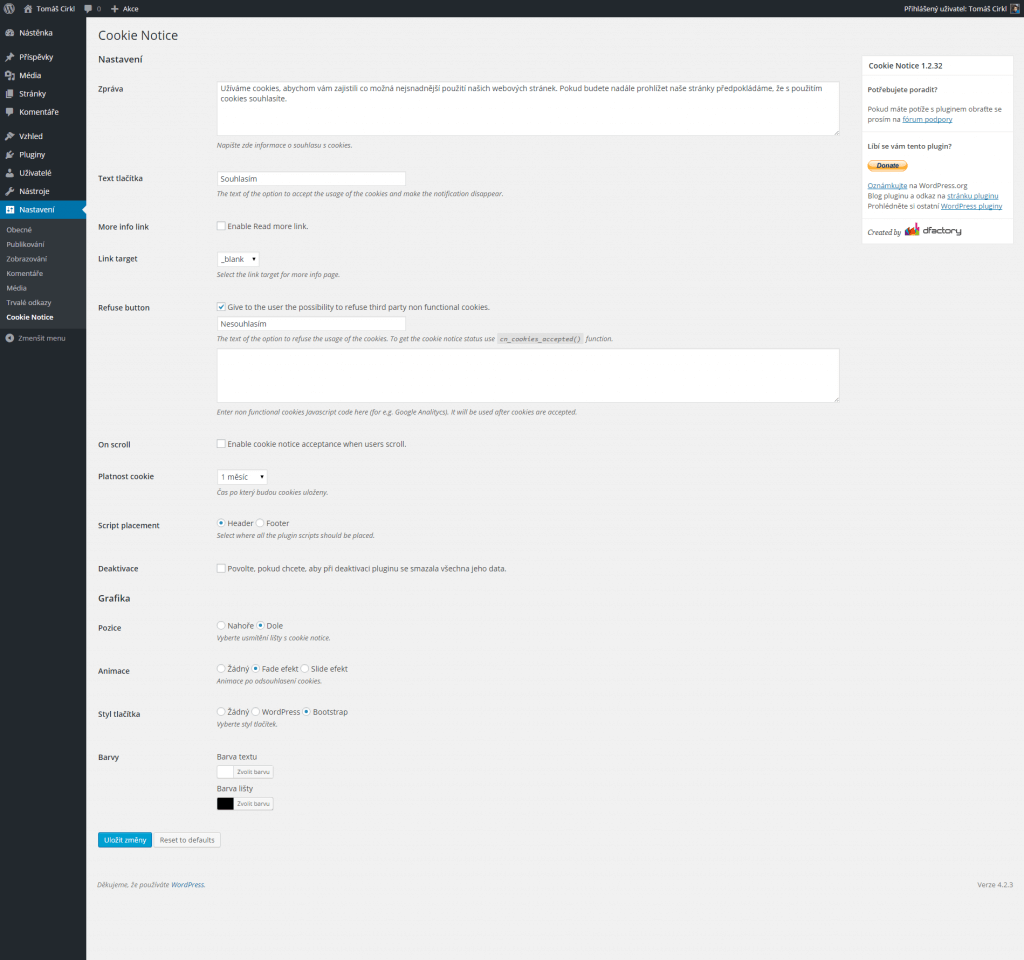 Nastavení pluginu Cookie notice by dFactory