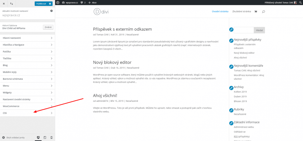 WordPress sekce Přizpůsobit