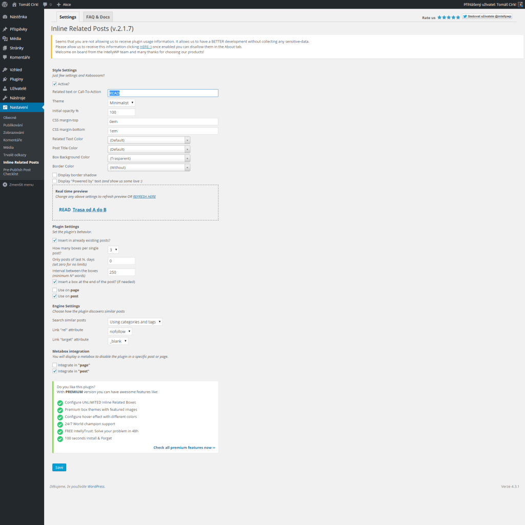 Inline Related Posts nastavení