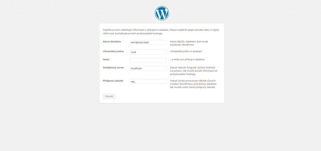 Informace o databázi WordPress na localhost