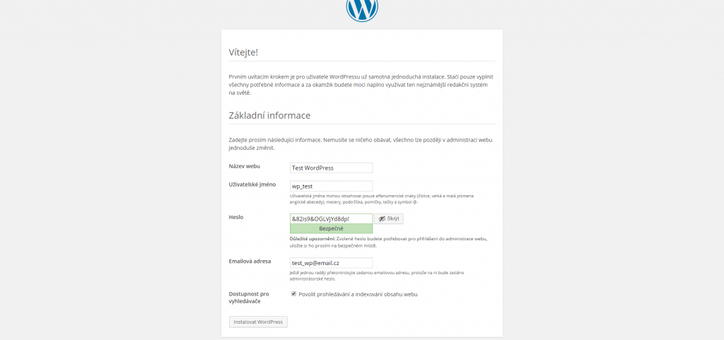 WordPress informace o webu