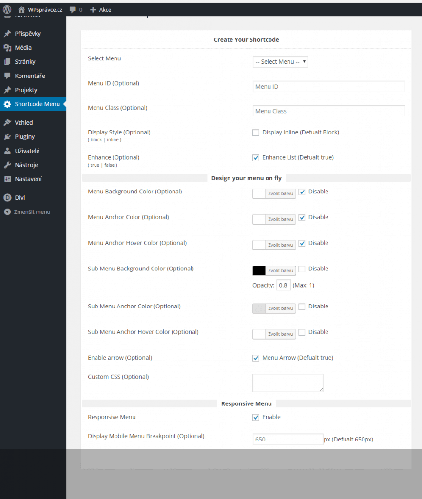 Shortcode Menu generátor