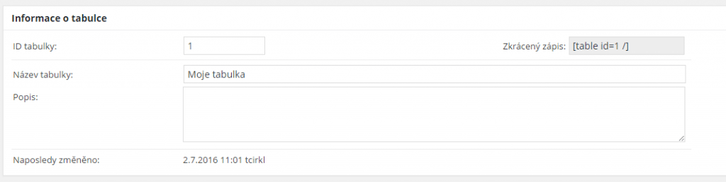 Informace o tabulce