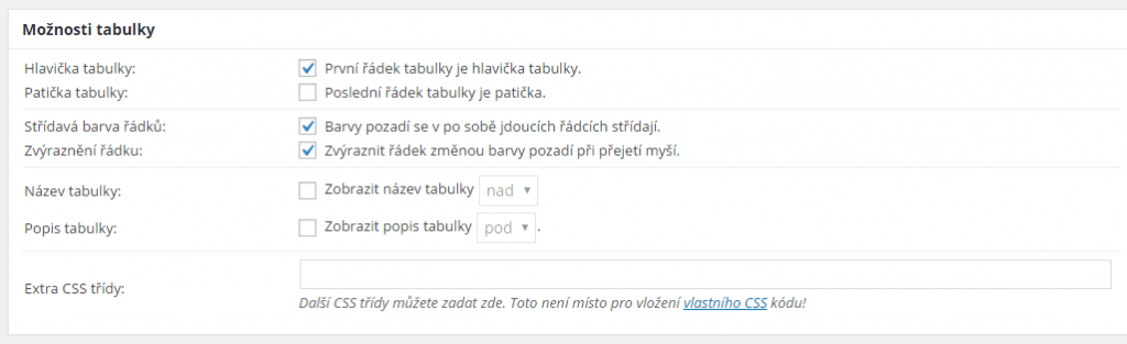 Možnosti tabulky