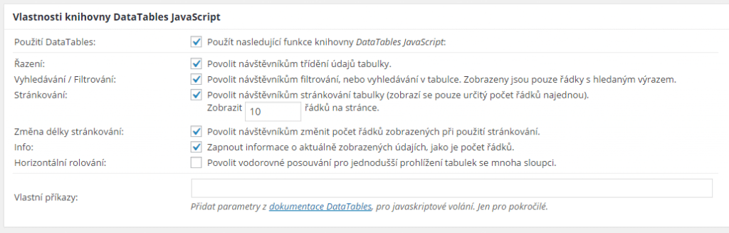 Vlastnosti knihovny DataTables