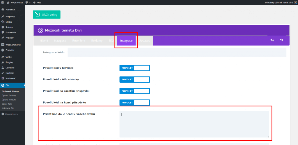 Integrace v Divi nastavení