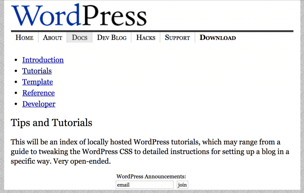 Stránka dokumentace na WordPress.org koncem roku 2003