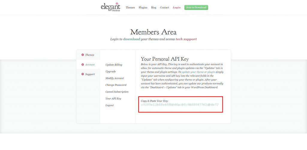 API Key Elegant Themes Members Area