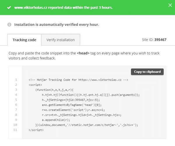 Krok 2 - kopírování sledovacího kódu hotjar.com