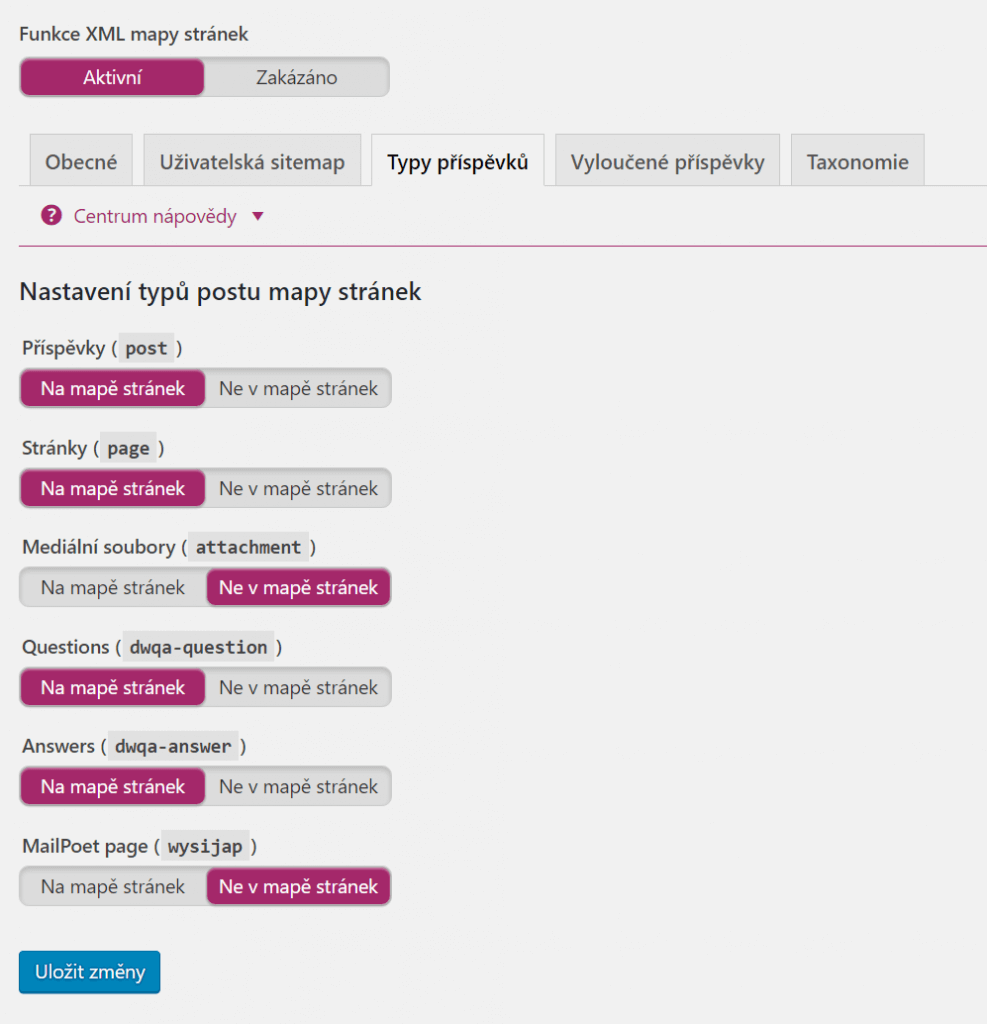 XML Sitemap - Typy příspěvků