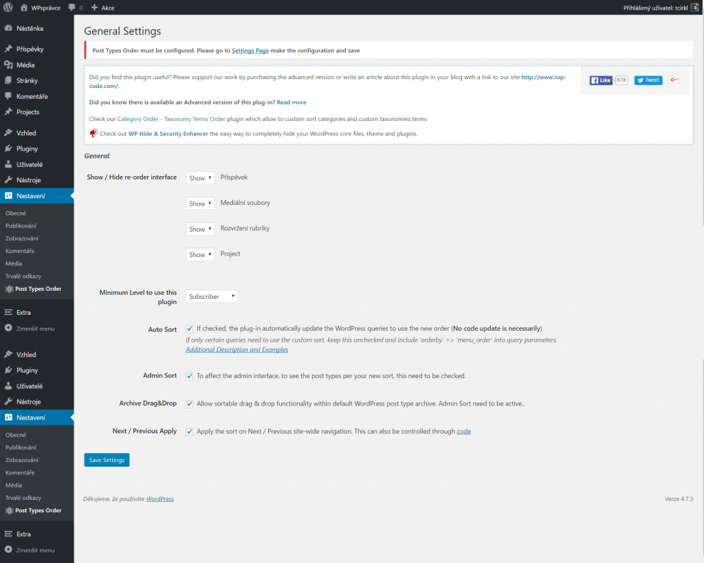 Post Types Order nastavení