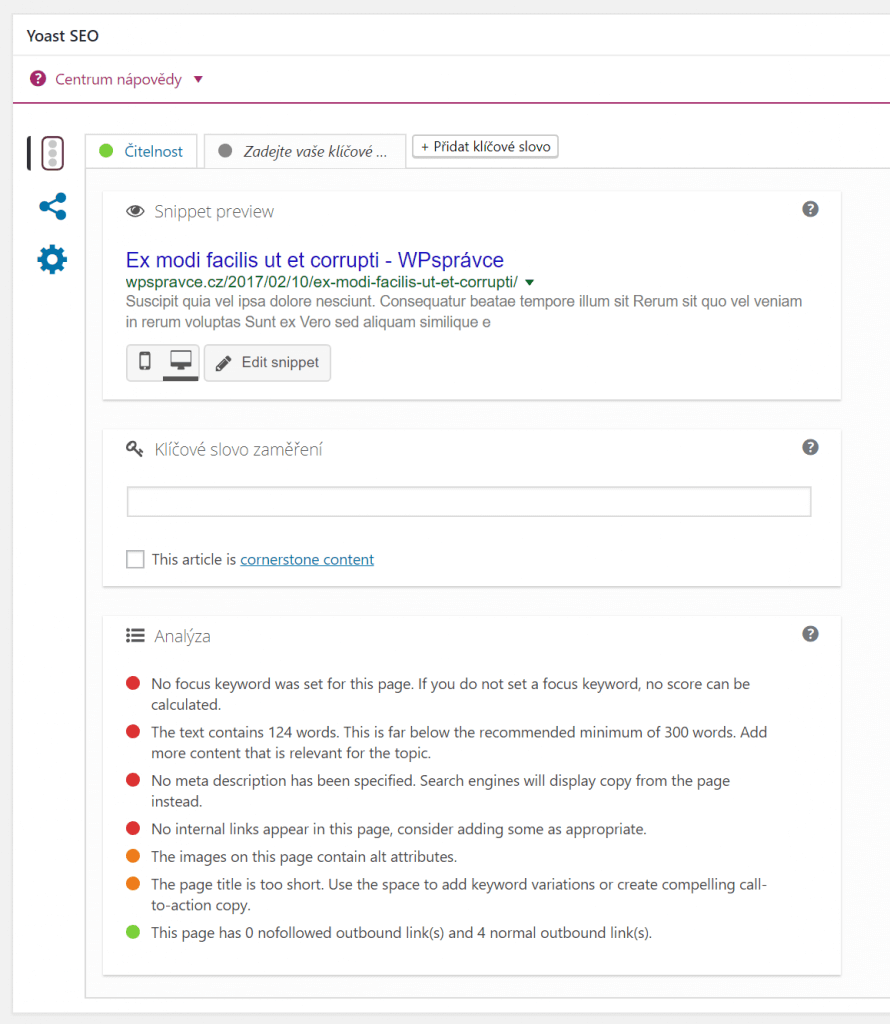 Yoast SEO box v příspěvku