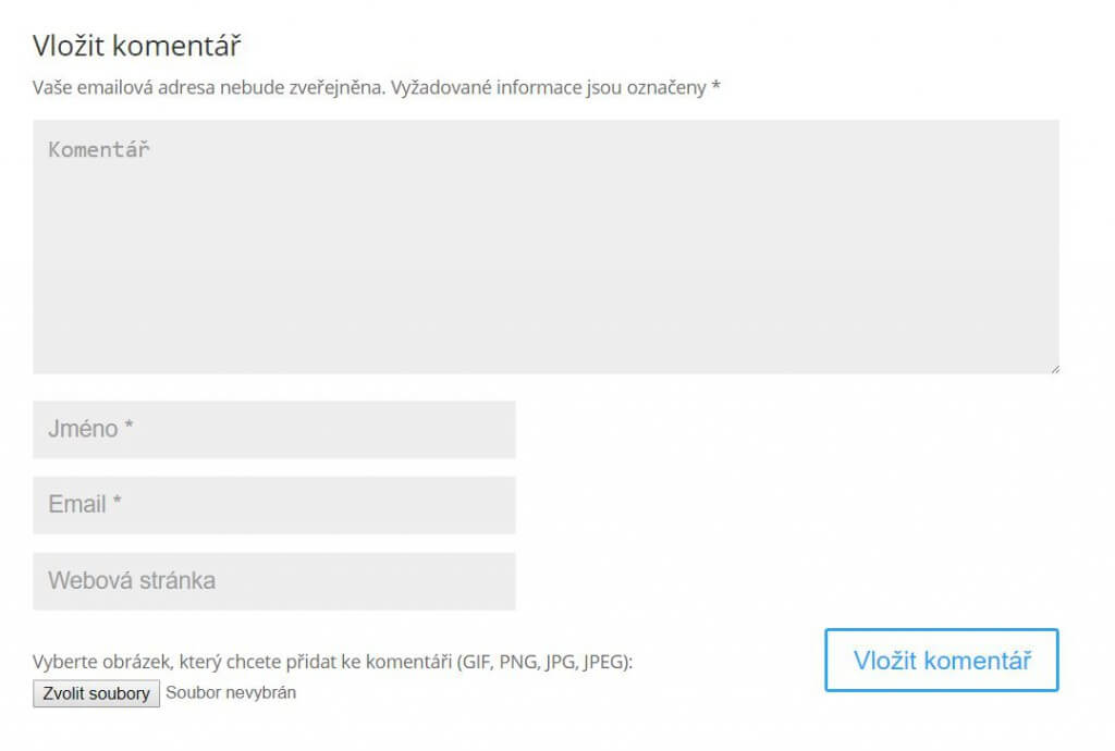 Formulář pro vložení komentáře s obrázkem