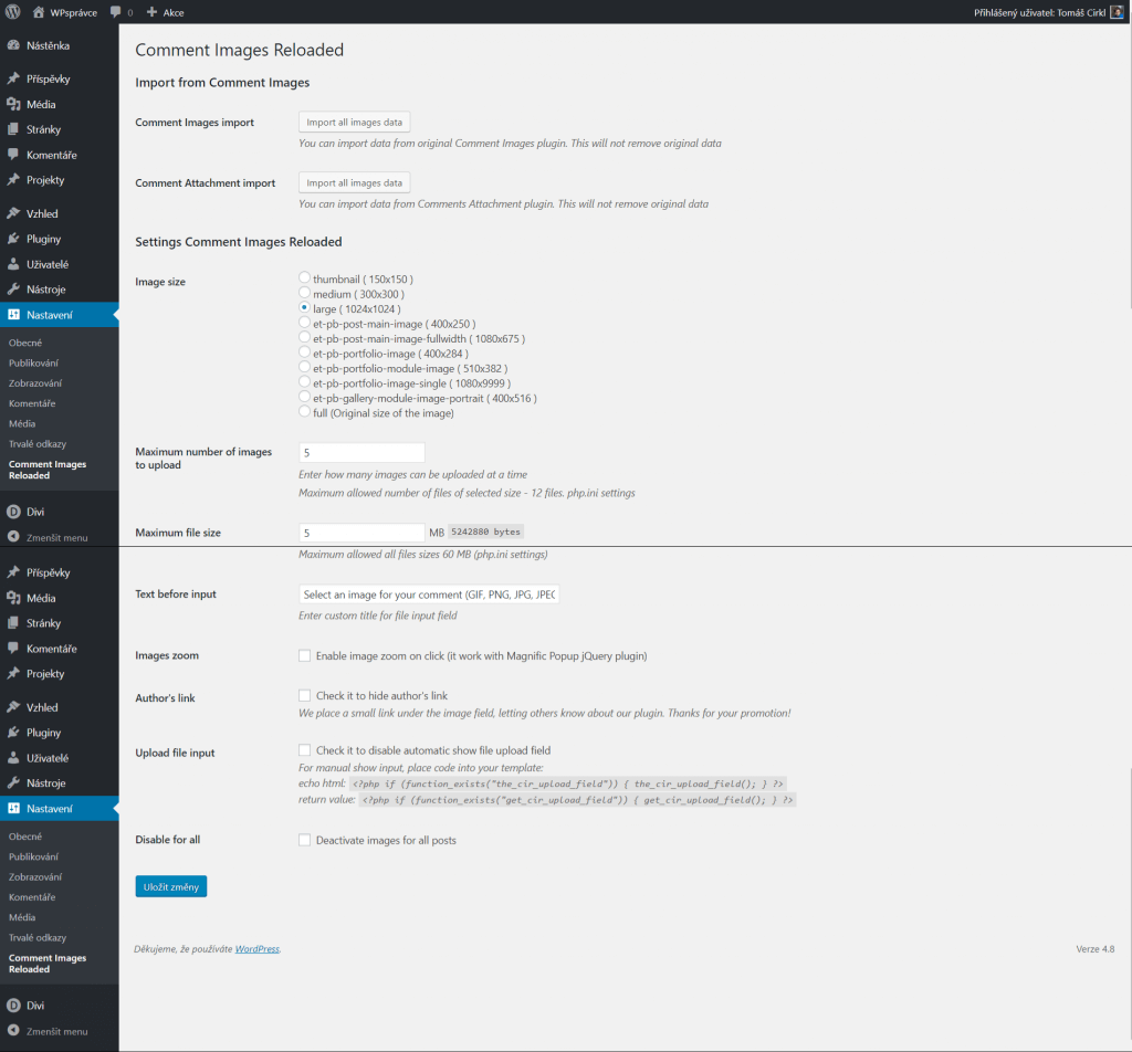 Nastavení pluginu Comment Images Reloaded
