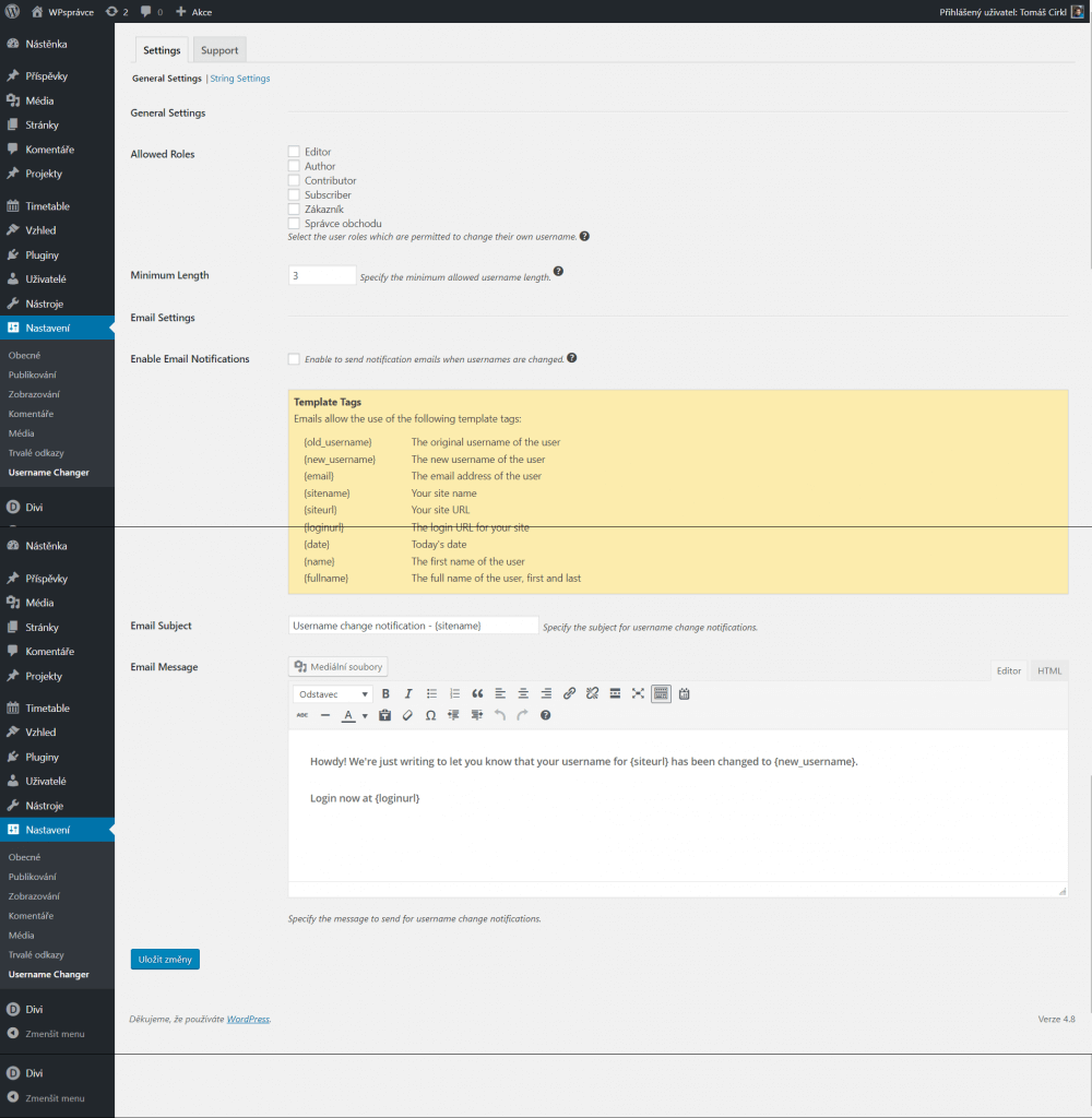 Nastavení Username Changer