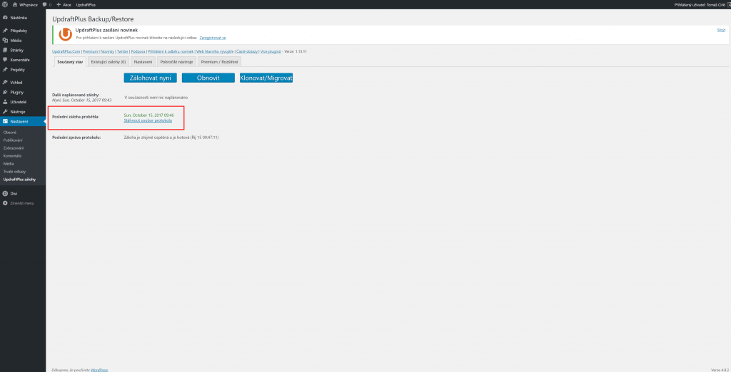 UpdraftPlus - dokončení zálohy