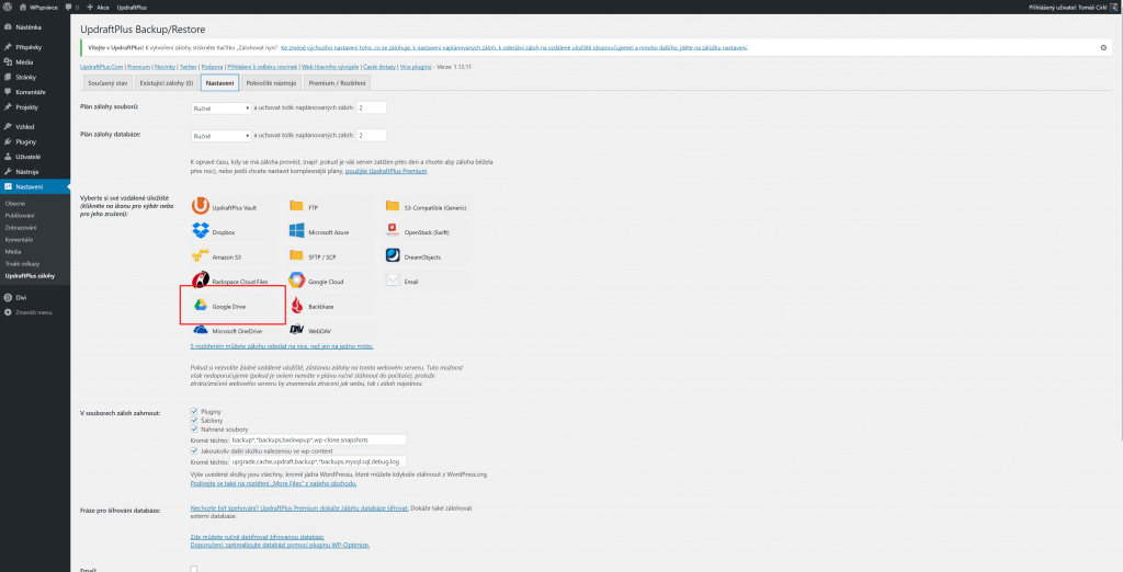 UpdraftPlus - Nastavení