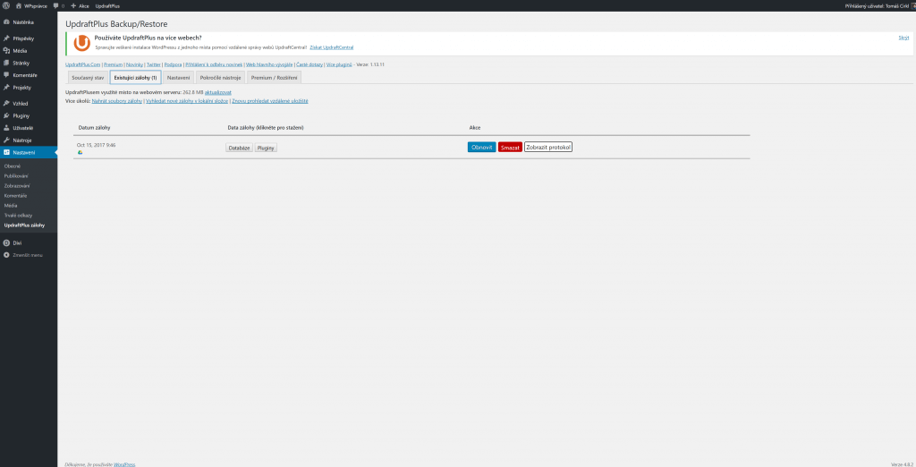UpdraftPlus - obnova zálohy