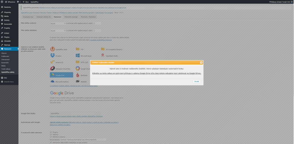UpdraftPlus - povolení přístupy do Google Drive