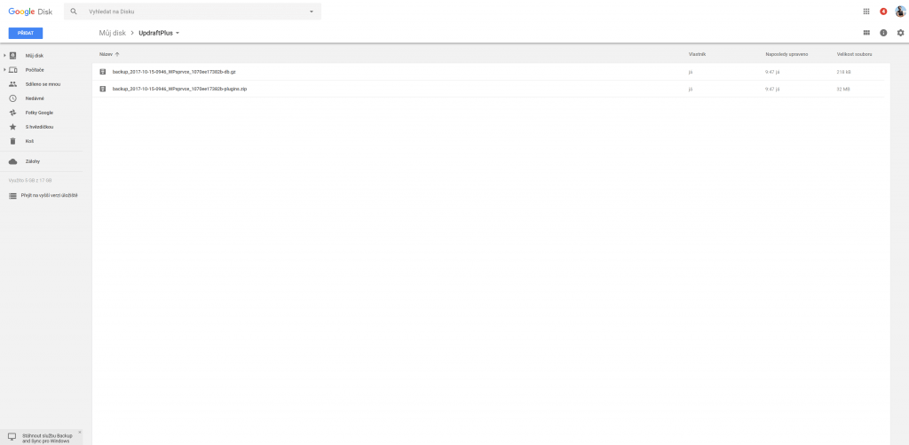 UpdraftPlus zálohy v Google Drive