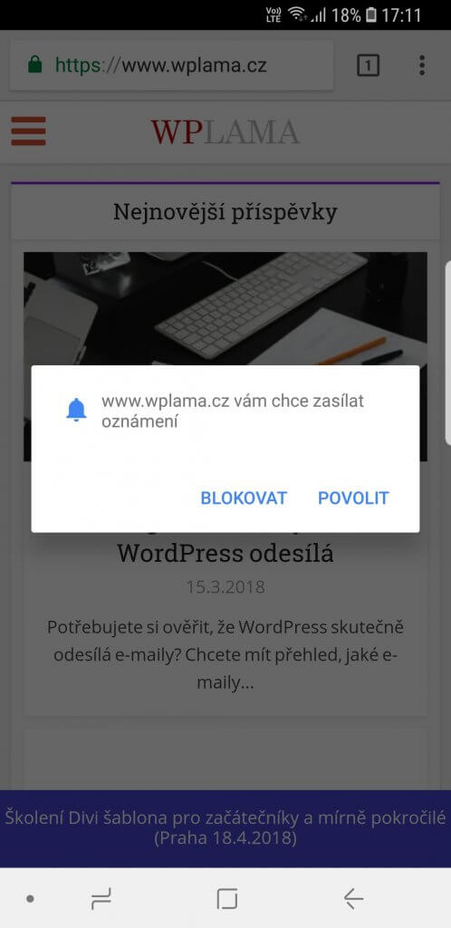 Dotaz na povolení push notifikací v mobilním telefonu