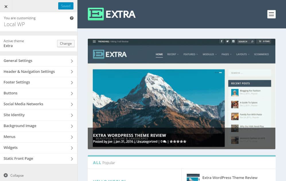 Extra WordPress šablona - Customizer