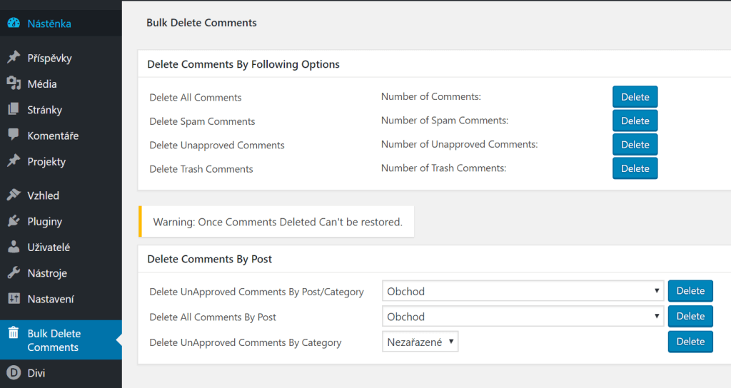 Nastavení Bulk Delete Comments