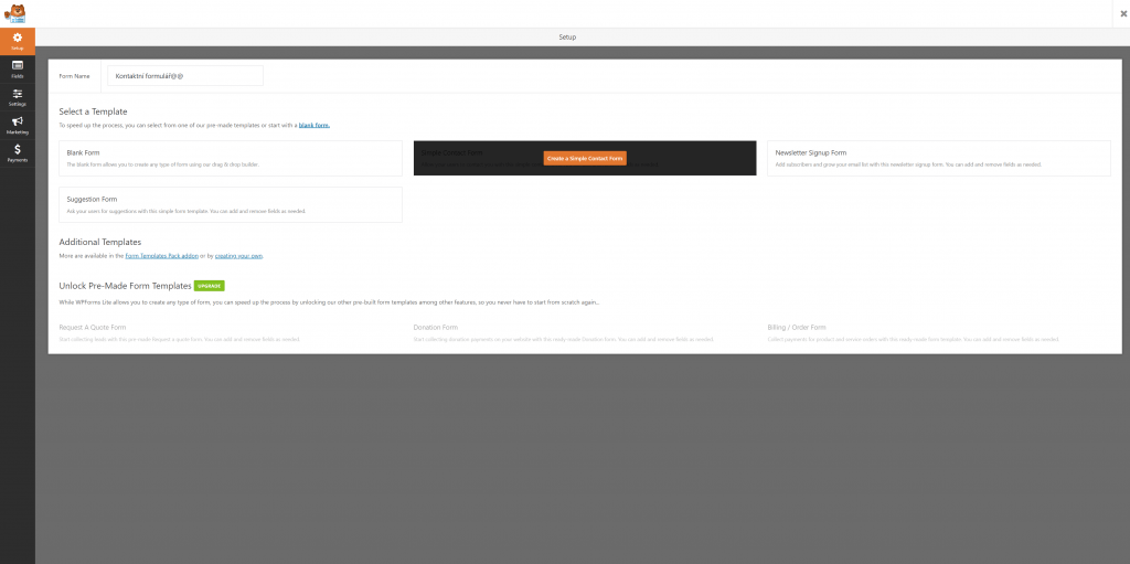 Vytváření formuláře WPForms