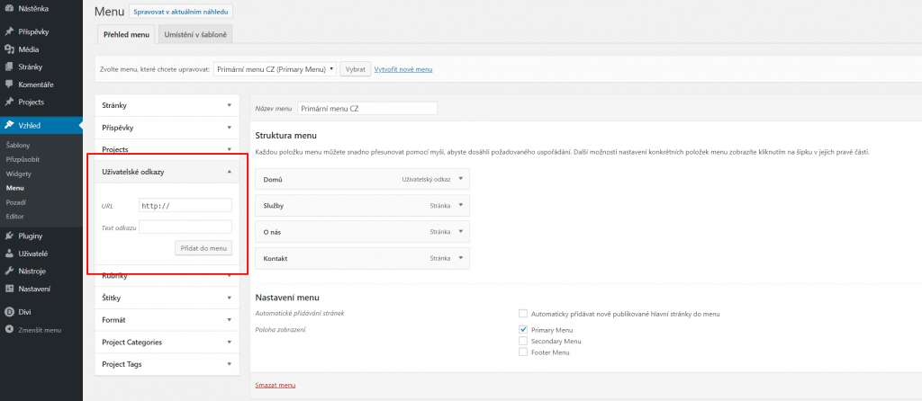 Uživatelské odkazy při tvorbě menu