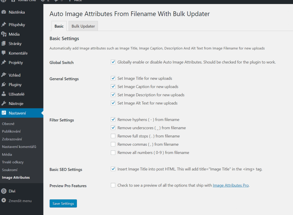 Nastavení Auto Image Attributes From Filename With Bulk Updater