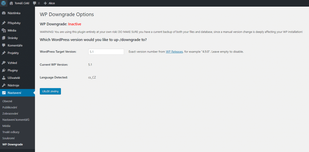 Nastavení WP Downgrade