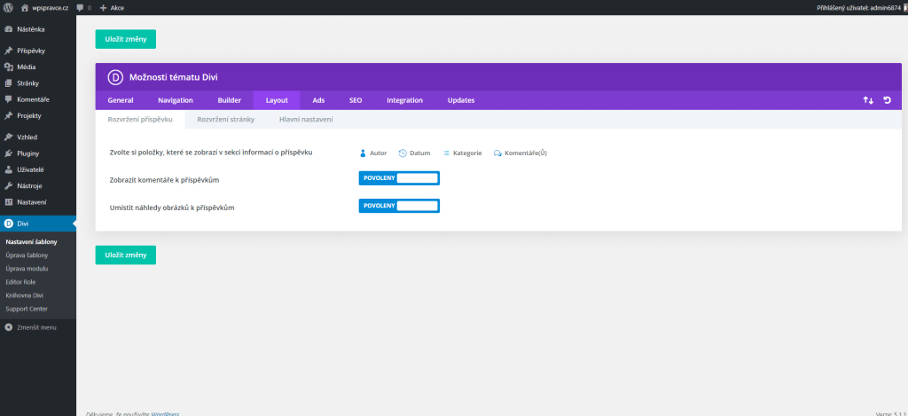 Divi nastavení - Rozvržení příspěvku