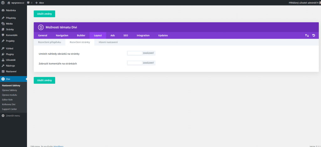 Divi nastavení - Rozvržení stránky