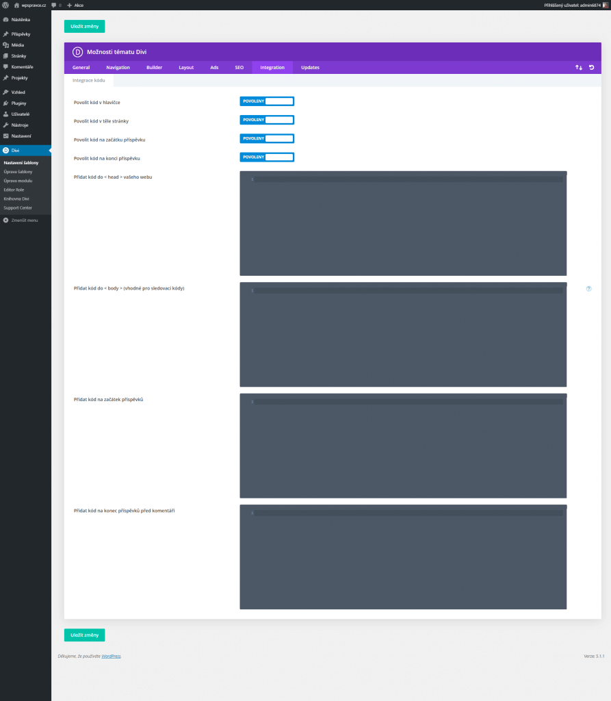 Nastavení Divi -Integration