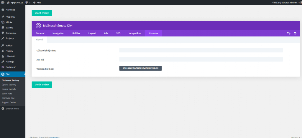 Nastavení Divi šablony - Updates