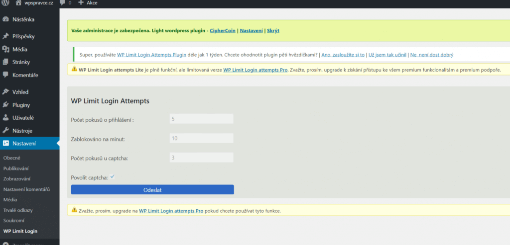 Možnosti pluginu WP Limit Login Attempts